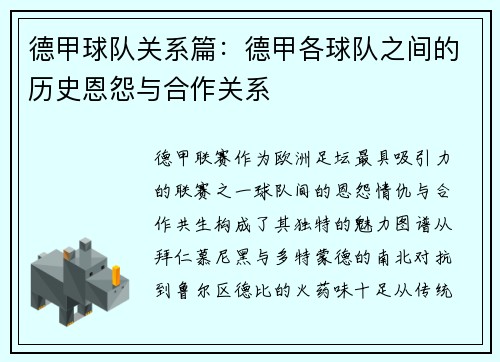 德甲球队关系篇：德甲各球队之间的历史恩怨与合作关系