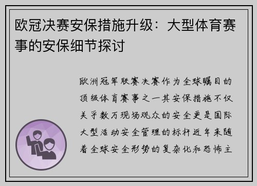 欧冠决赛安保措施升级：大型体育赛事的安保细节探讨